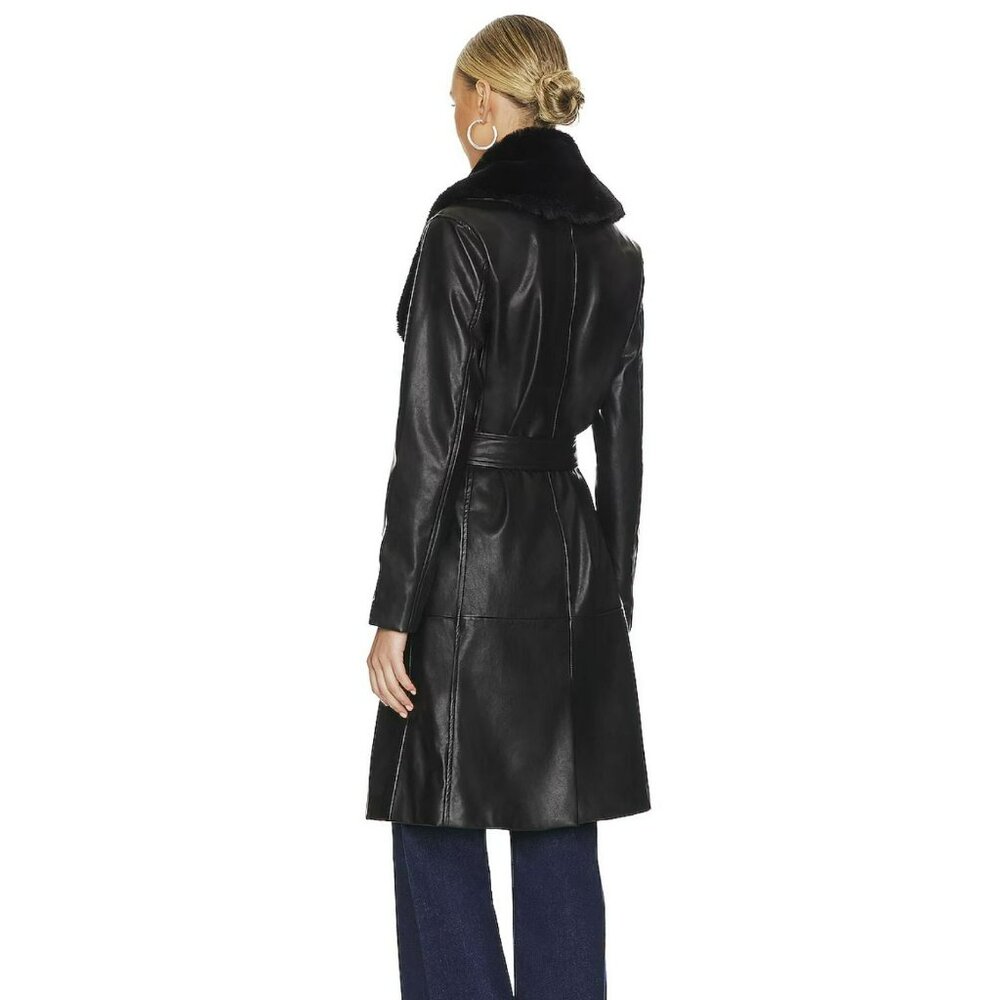 Revolve Blank NYC Black Fur Trench Coat Large Vegan Faux Leather Jacket NWT - Picture 4 of 11